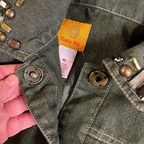 Ruby Rd. Green Rhinestone Denim Jean Jacket 10 - Picture 10 of 11